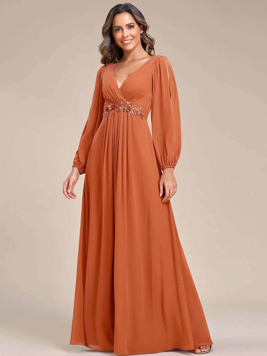 Elegant Chiffon V-Neckline Long Sleeve Formal Evening Dress #color_Brandied Melon