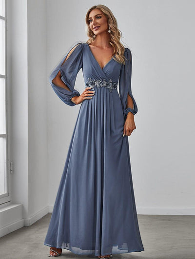 ever AMOUR|Elegant Chiffon V-Neckline Long Sleeve Wedding Guest Dress