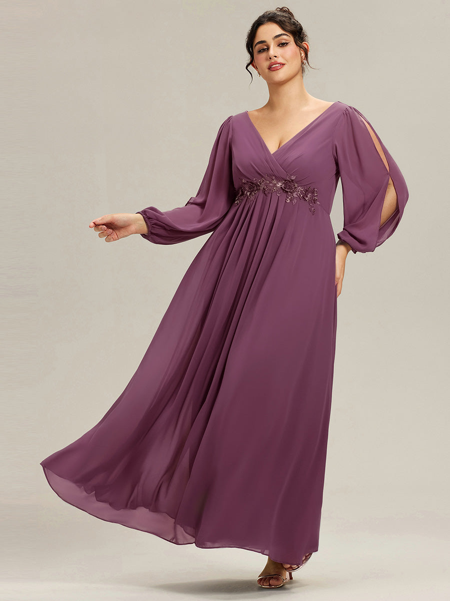 Stylish Plus Size Chiffon Formal Evening Dresses with Long Lantern Sleeves #color_Damson
