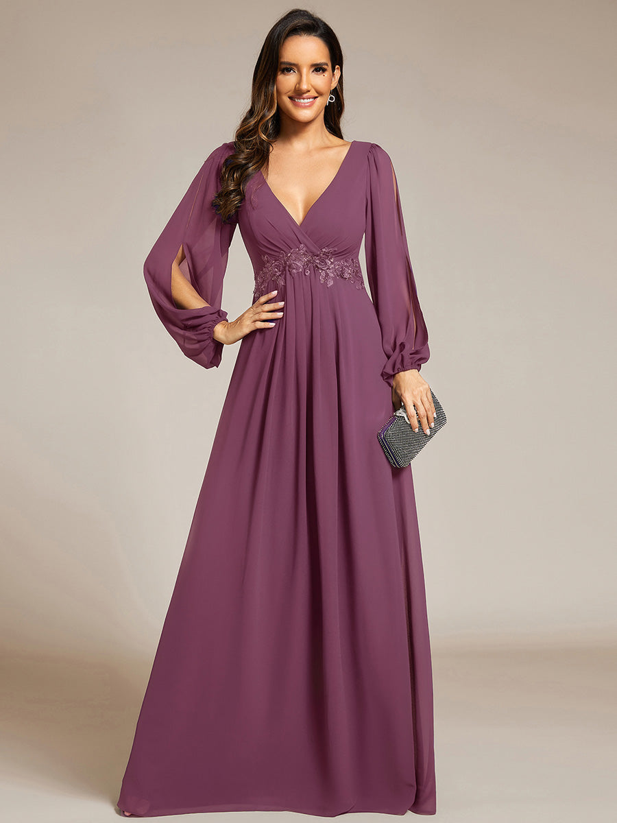 Elegant Chiffon V-Neckline Long Sleeve Formal Evening Dress #color_Damson