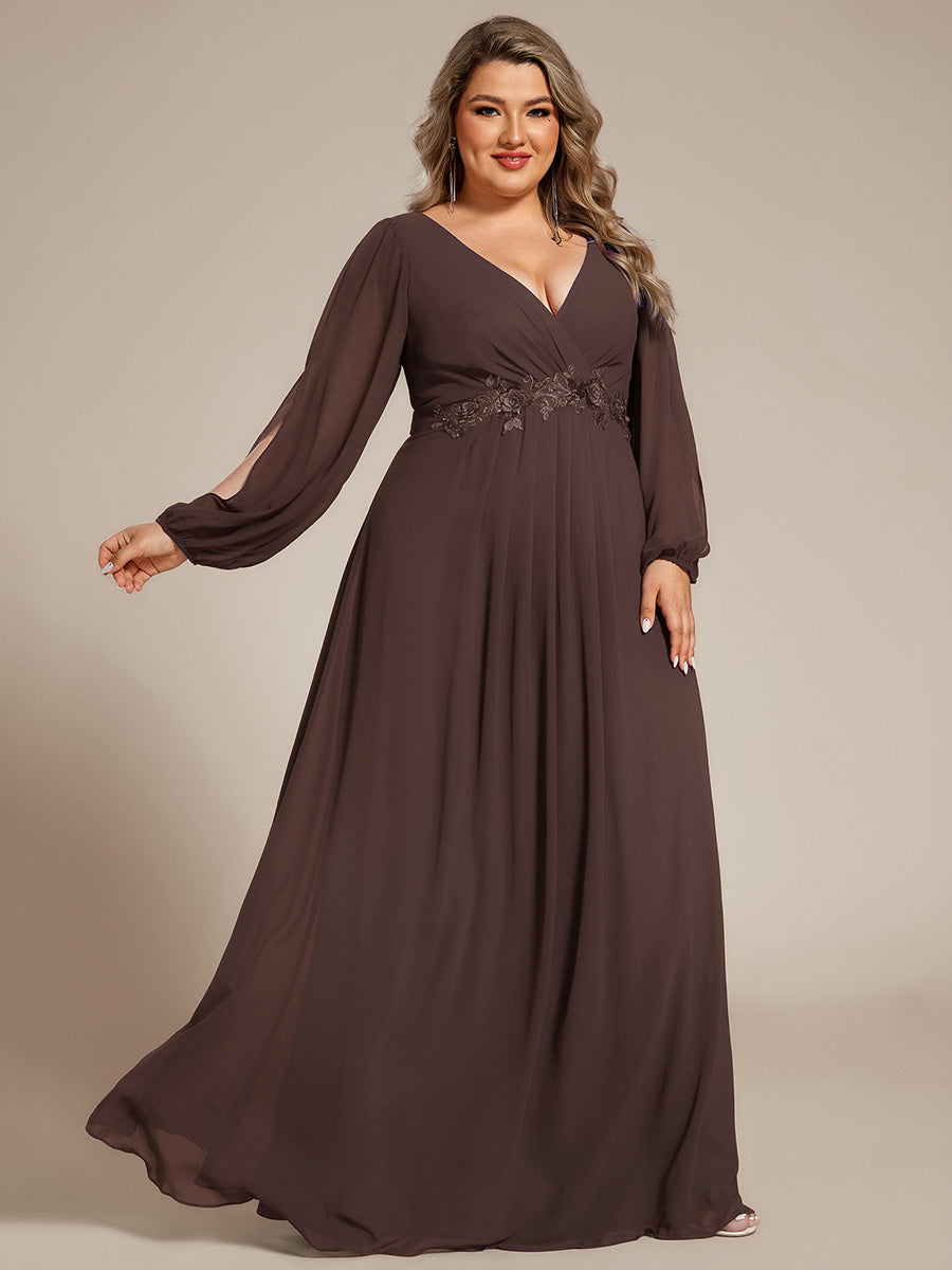 Elegant Chiffon V-Neckline Long Sleeve Formal Evening Dress #color_Espresso