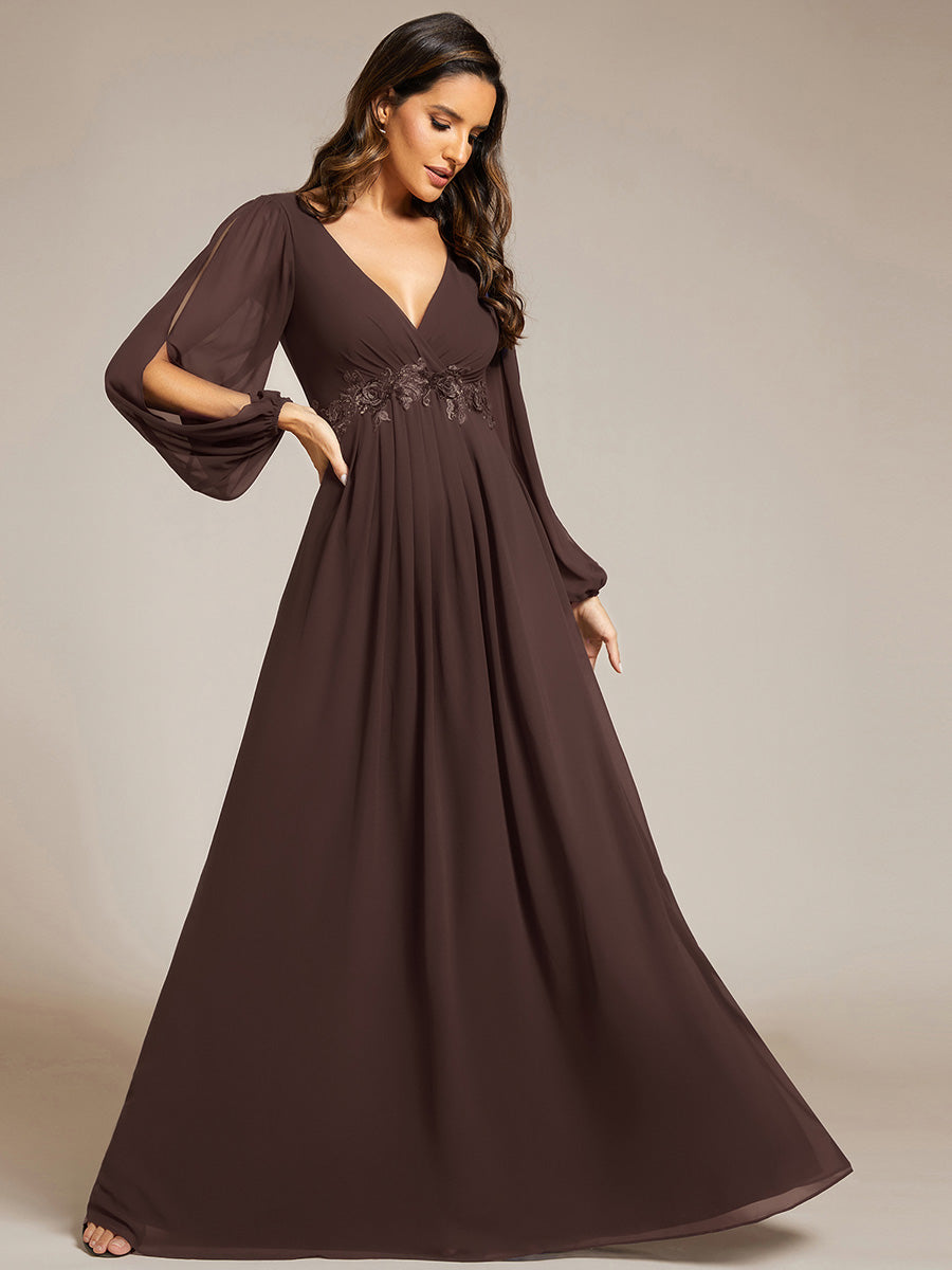 Elegant Chiffon V-Neckline Long Sleeve Formal Evening Dress #color_Espresso