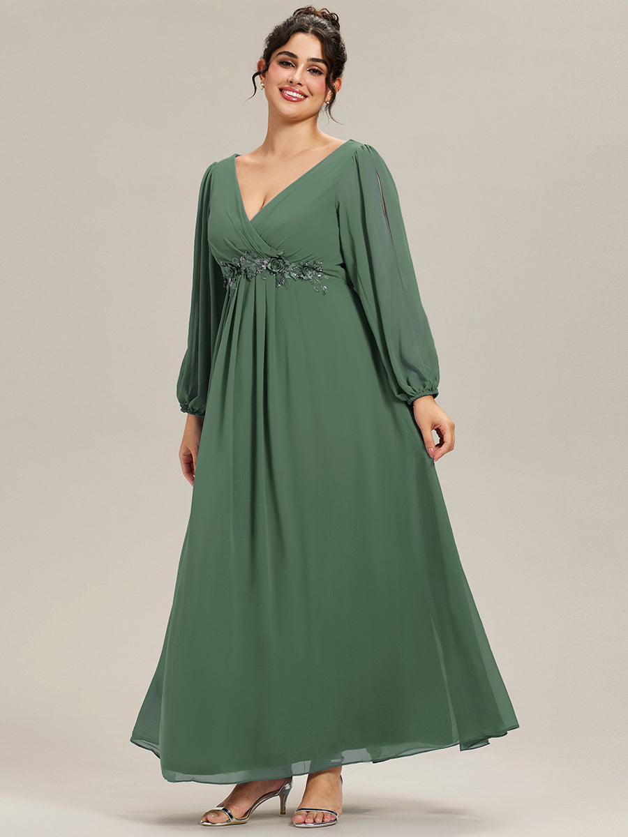 Stylish Plus Size Chiffon Formal Evening Dresses with Long Lantern Sleeves #color_Navy Blue pretty AMOUR|Stylish Plus Size Chiffon Formal Evening Dresses with Long Lantern Sleeves