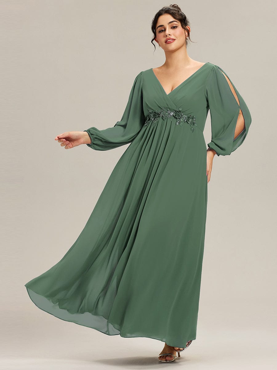 Stylish Plus Size Chiffon Formal Evening Dresses with Long Lantern Sleeves #color_Eucalyptus