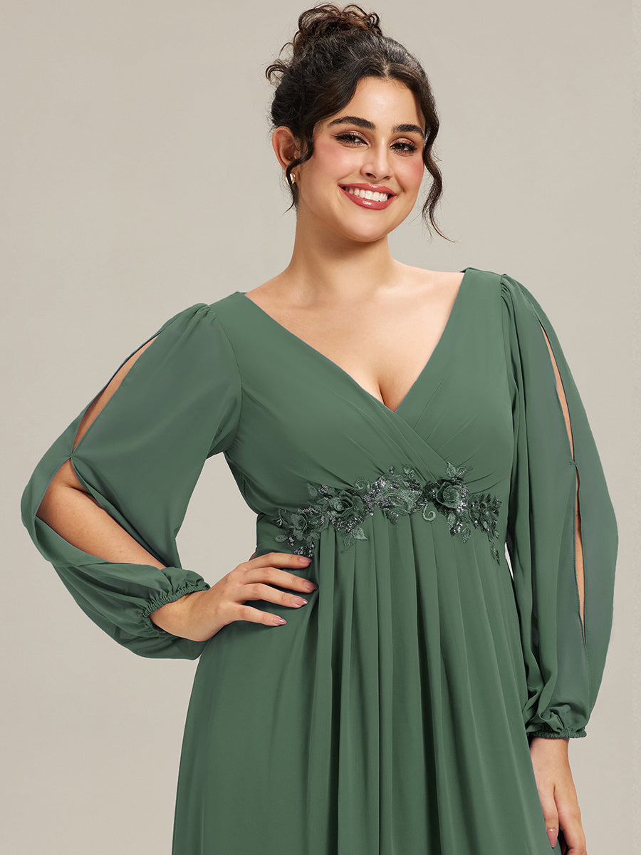 Stylish Plus Size Chiffon Formal Evening Dresses with Long Lantern Sleeves #color_Navy Blue pretty AMOUR|Stylish Plus Size Chiffon Formal Evening Dresses with Long Lantern Sleeves