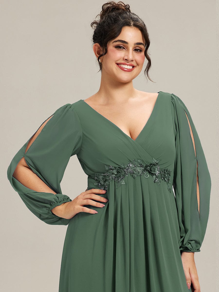 Stylish Plus Size Chiffon Formal Evening Dresses with Long Lantern Sleeves #color_Eucalyptus
