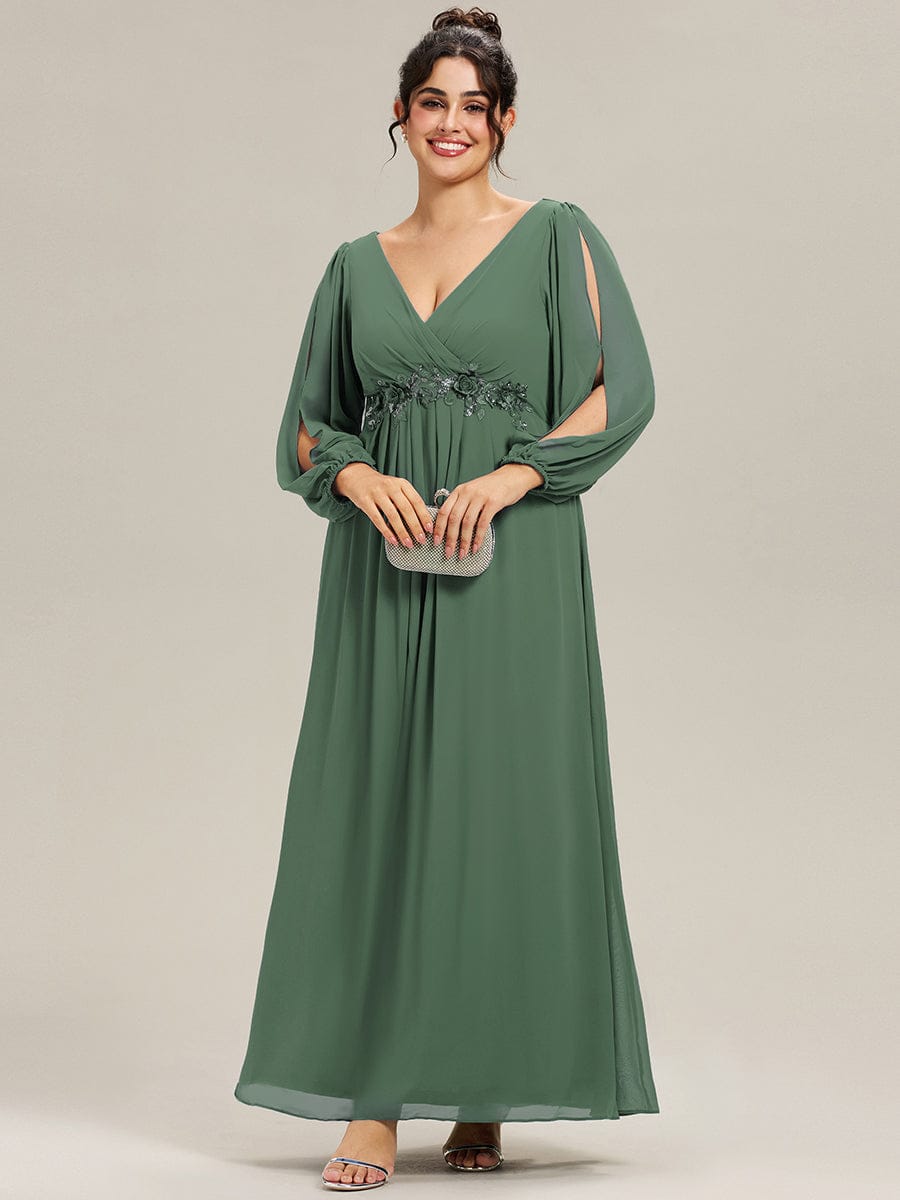 Elegant Chiffon V-Neckline Long Sleeve Formal Evening Dress #color_Eucalyptus