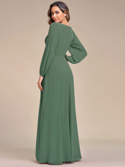 Elegant Chiffon V-Neckline Long Sleeve Formal Evening Dress #color_Eucalyptus