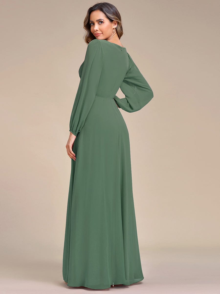 Elegant Chiffon V-Neckline Long Sleeve Formal Evening Dress #color_Eucalyptus