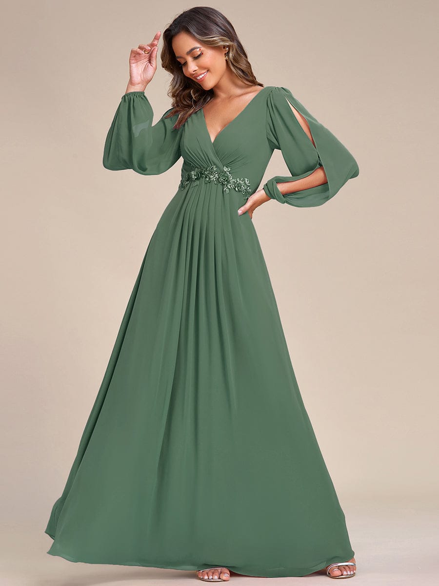 Elegant Chiffon V-Neckline Long Sleeve Formal Evening Dress #color_Eucalyptus