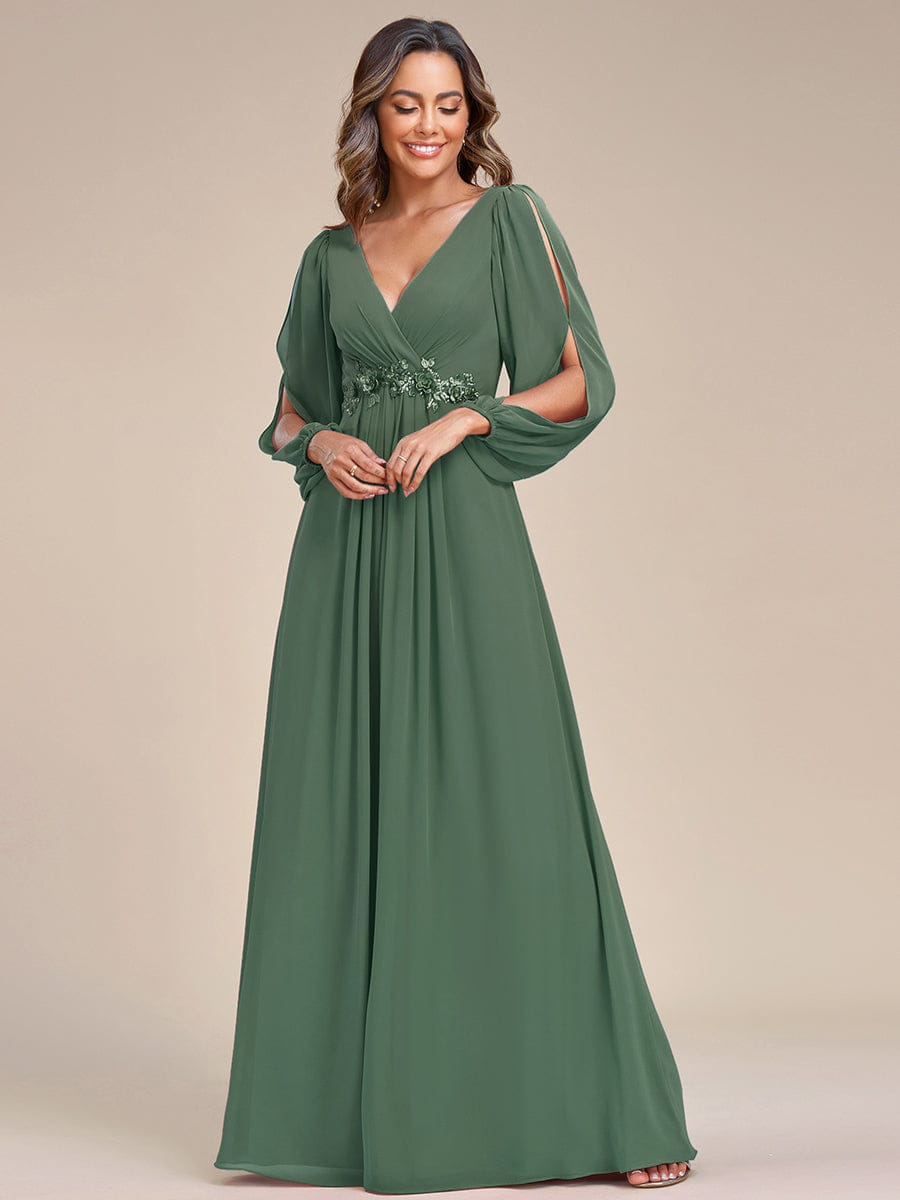 V-Neck Long Split Sleeve Empire Waist Applique Wedding Dress #color_Eucalyptus