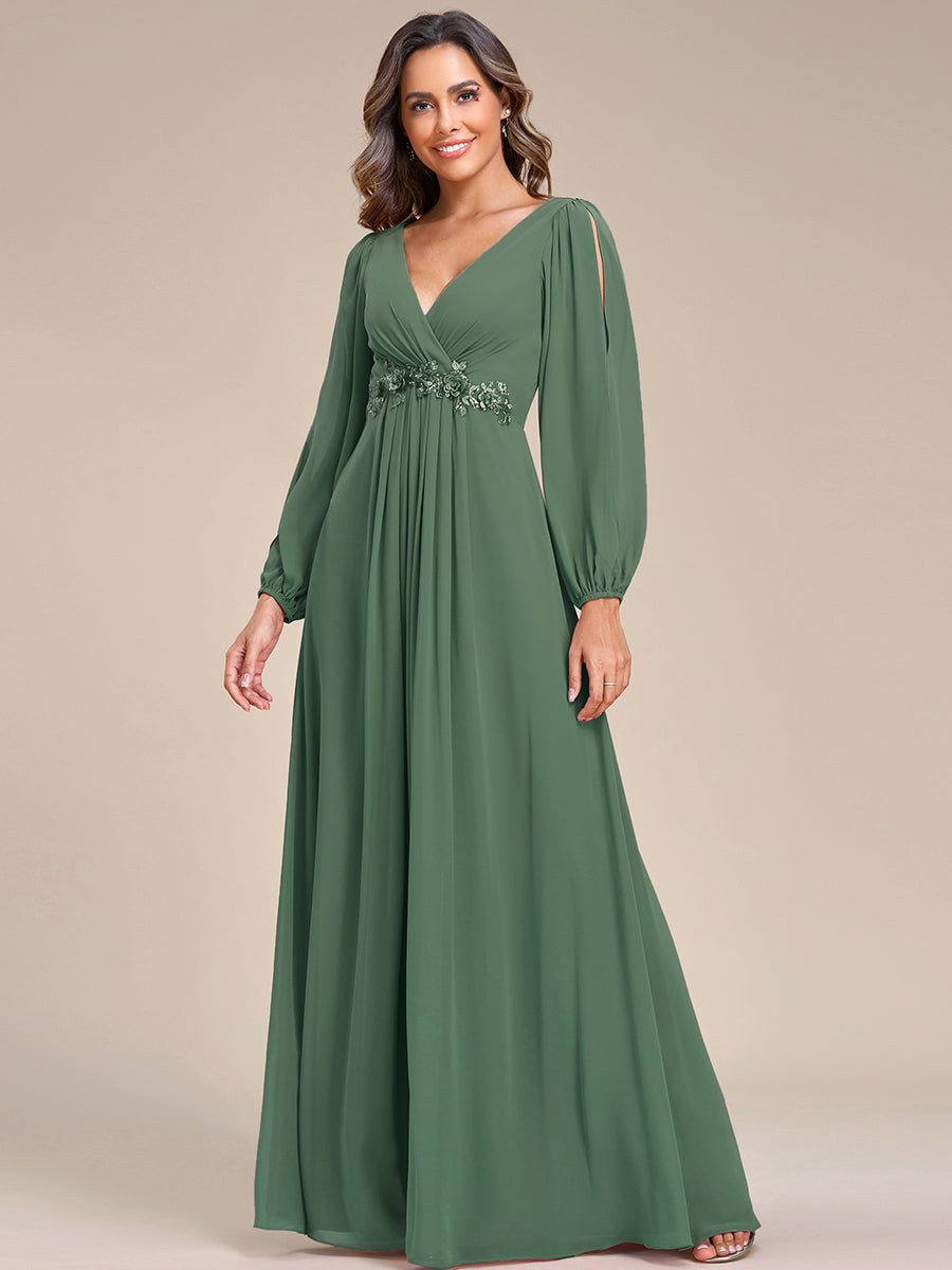 Elegant Chiffon V-Neckline Long Sleeve Formal Evening Dress #color_Eucalyptus