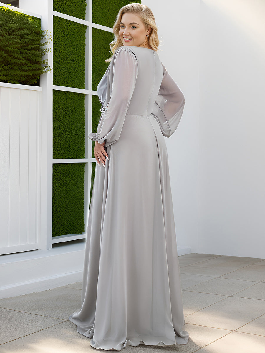 Elegant Chiffon V-Neckline Long Sleeve Formal Evening Dress #color_Grey