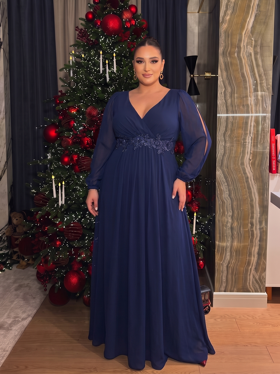 Stylish Plus Size Chiffon Formal Evening Dresses with Long Lantern Sleeves #color_Navy Blue