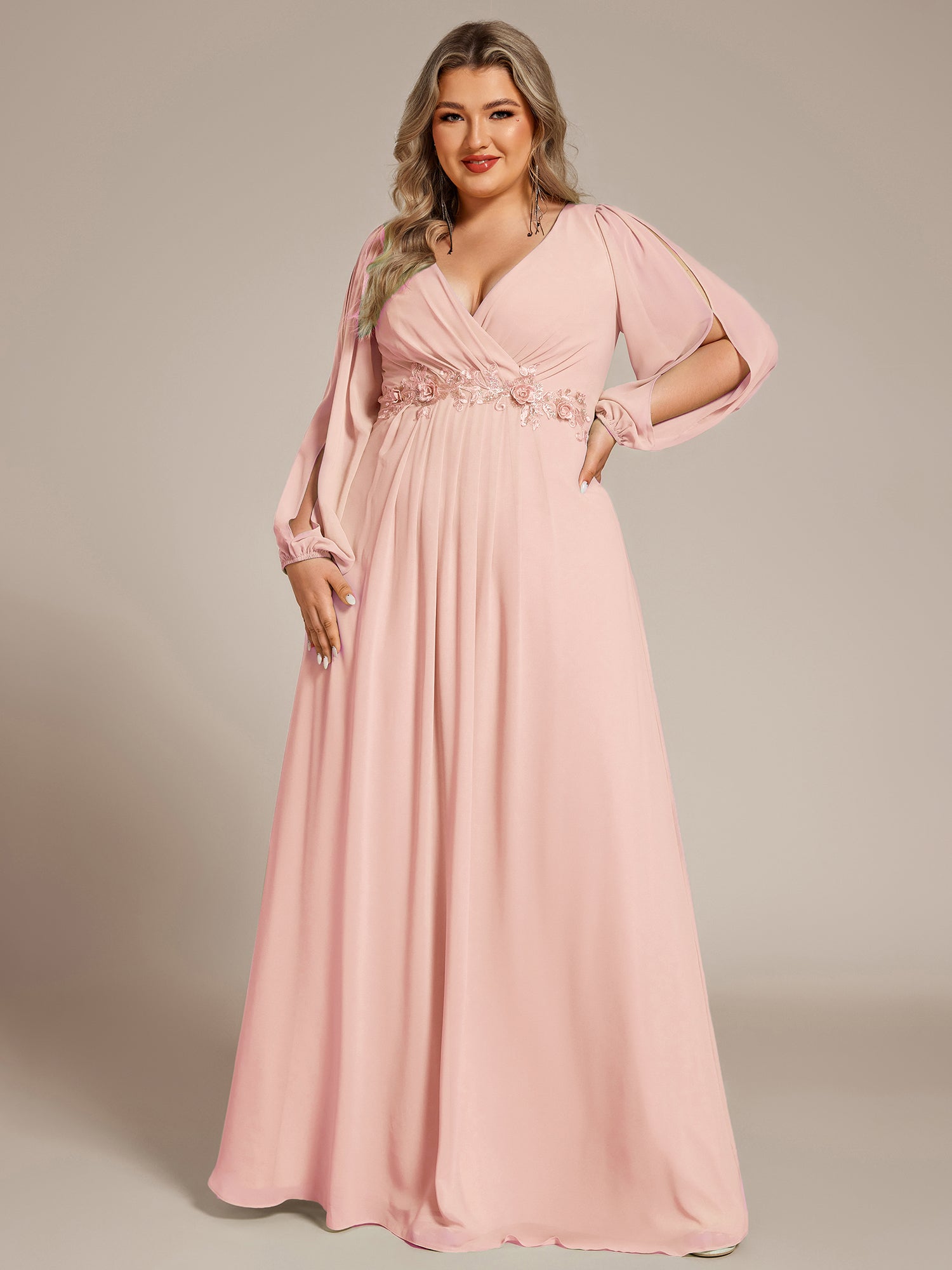 Stylish Plus Size Chiffon Formal Evening Dresses with Long Lantern Sleeves #color_Pink