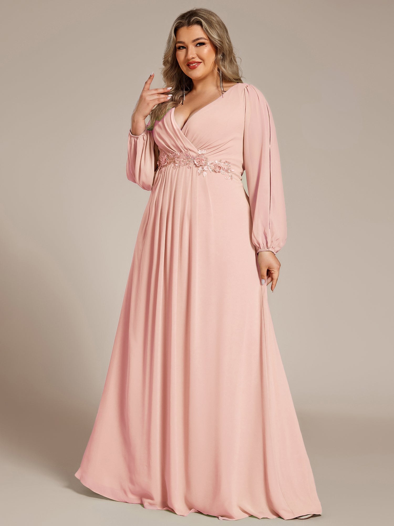 Stylish Plus Size Chiffon Formal Evening Dresses with Long Lantern Sleeves #color_Pink
