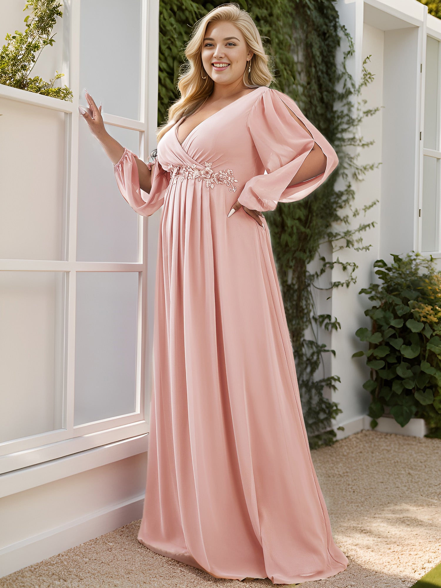 Stylish Plus Size Chiffon Formal Evening Dresses with Long Lantern Sleeves #color_Pink