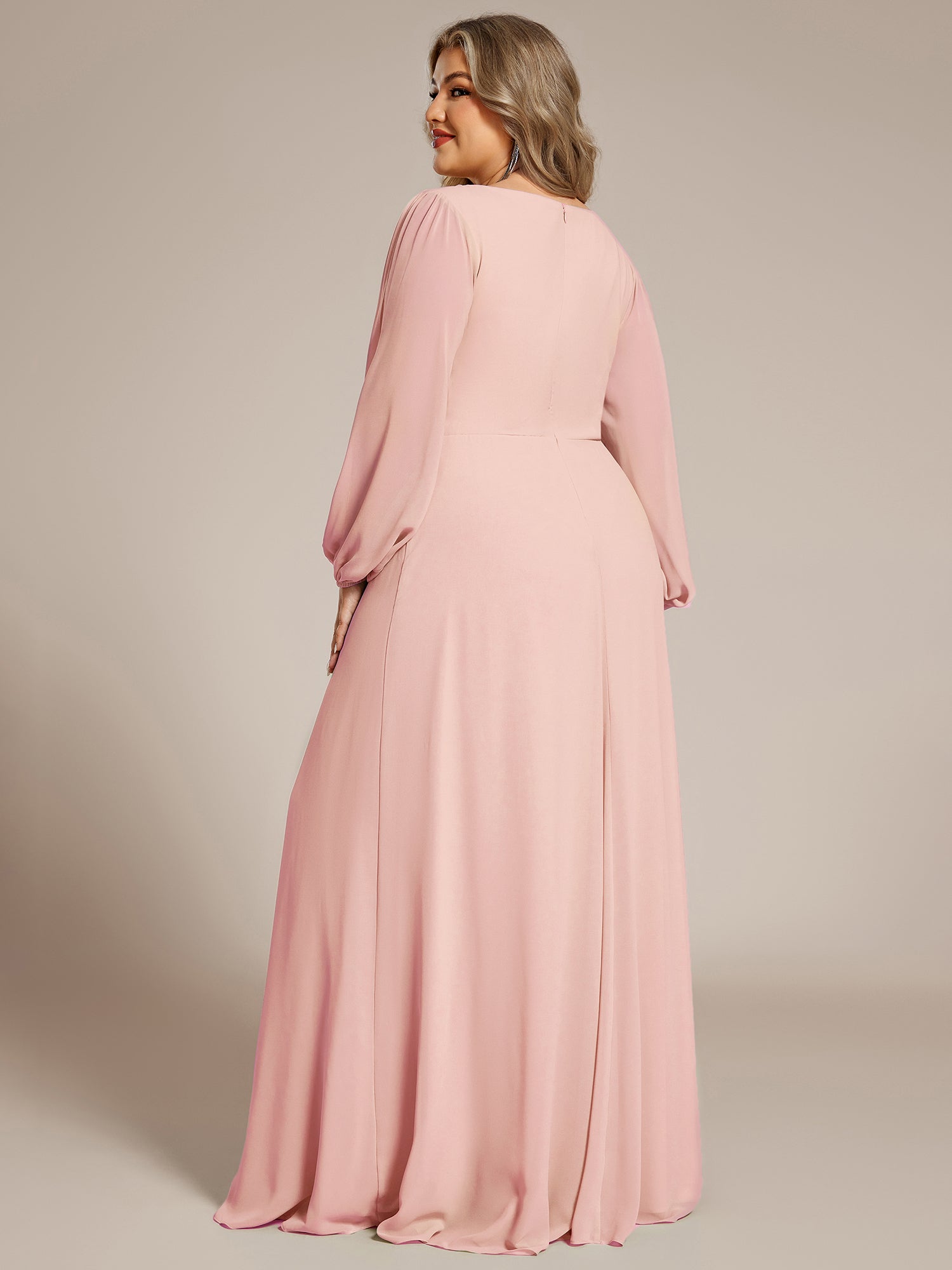 Elegant Chiffon V-Neckline Long Sleeve Formal Evening Dress #color_Pink