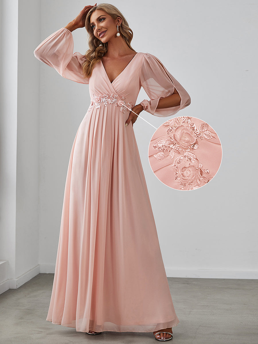 Elegant Chiffon V-Neckline Long Sleeve Formal Evening Dress #color_Pink