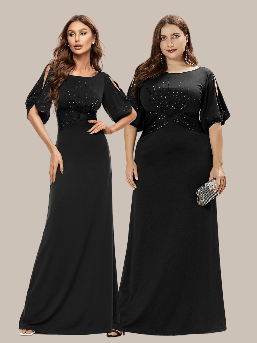 Trendy Round Neck Long Bodycon Evening Dress with Sleeves #color_Black