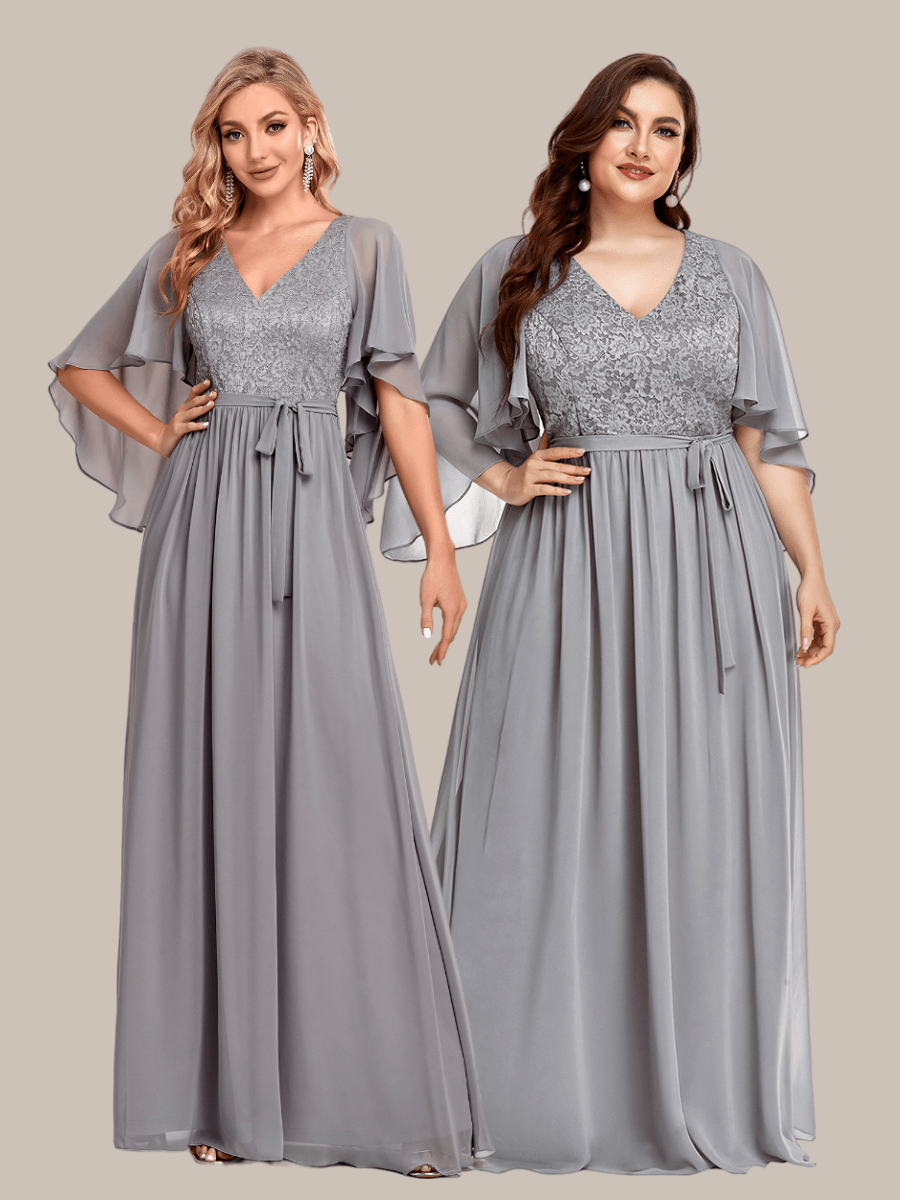 Deep V Neck Lace Bodice Long Flowy Evening Dress #color_Dark Green