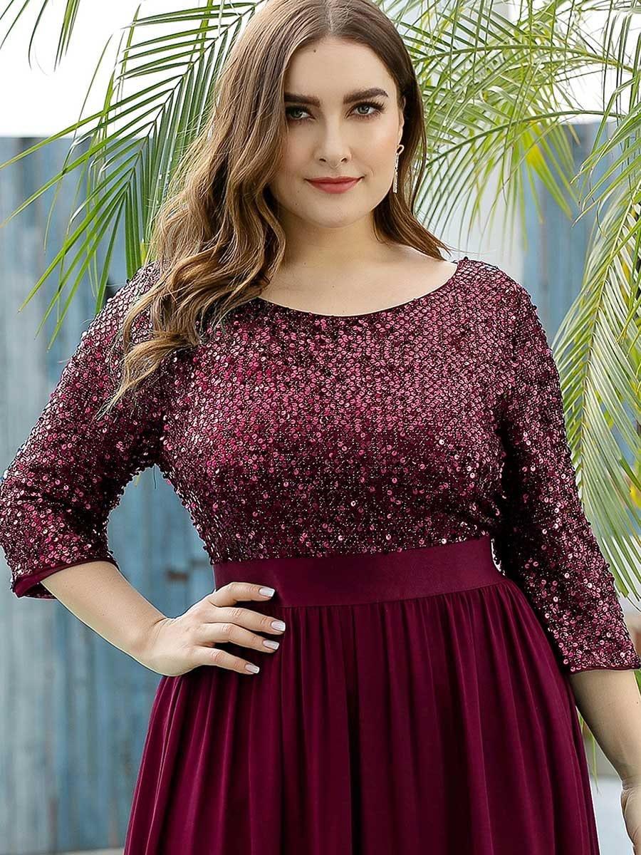 Sequin Round Neckline Dress with Chiffon #color_Burgundy