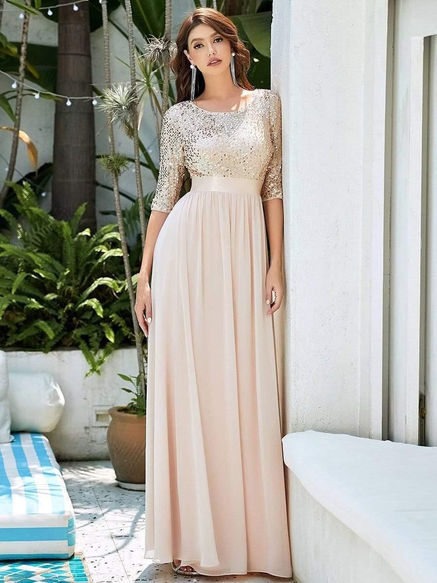 Sequin Round Neckline Dress with Chiffon #color_Blush