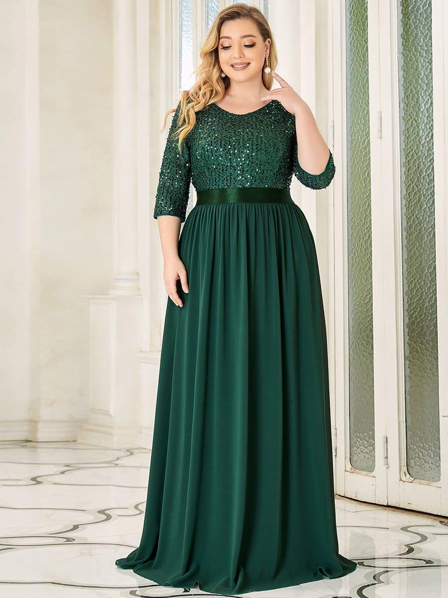 Sequin Round Neckline Dress with Chiffon #color_Dark Green