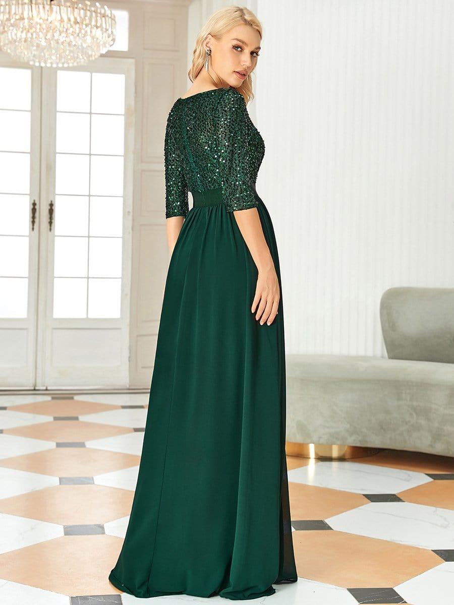 Sequin Round Neckline Dress with Chiffon #color_Dark Green