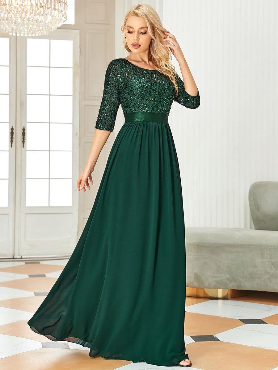 Sequin Round Neckline Dress with Chiffon #color_Dark Green