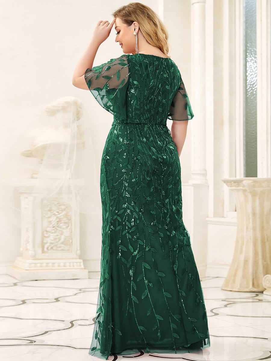 Fashion Plus Size V Neck Mermaid Sequin & Tulle Evening Dress #color_Dark Green