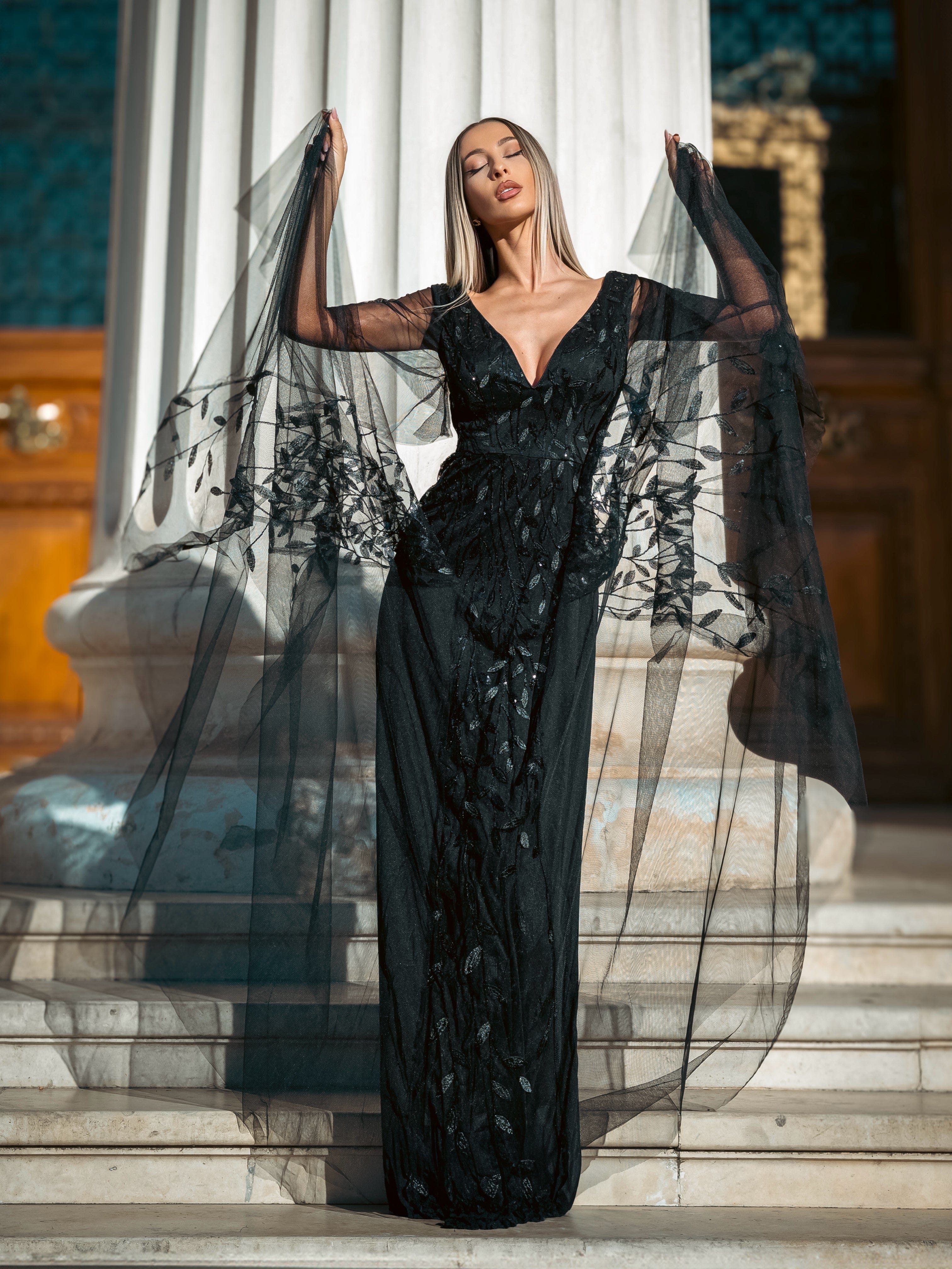 ever ASTRAL|Ruffle Sleeves Leaf Sequin Maxi Bridesmaid Dress Fan Photos 34