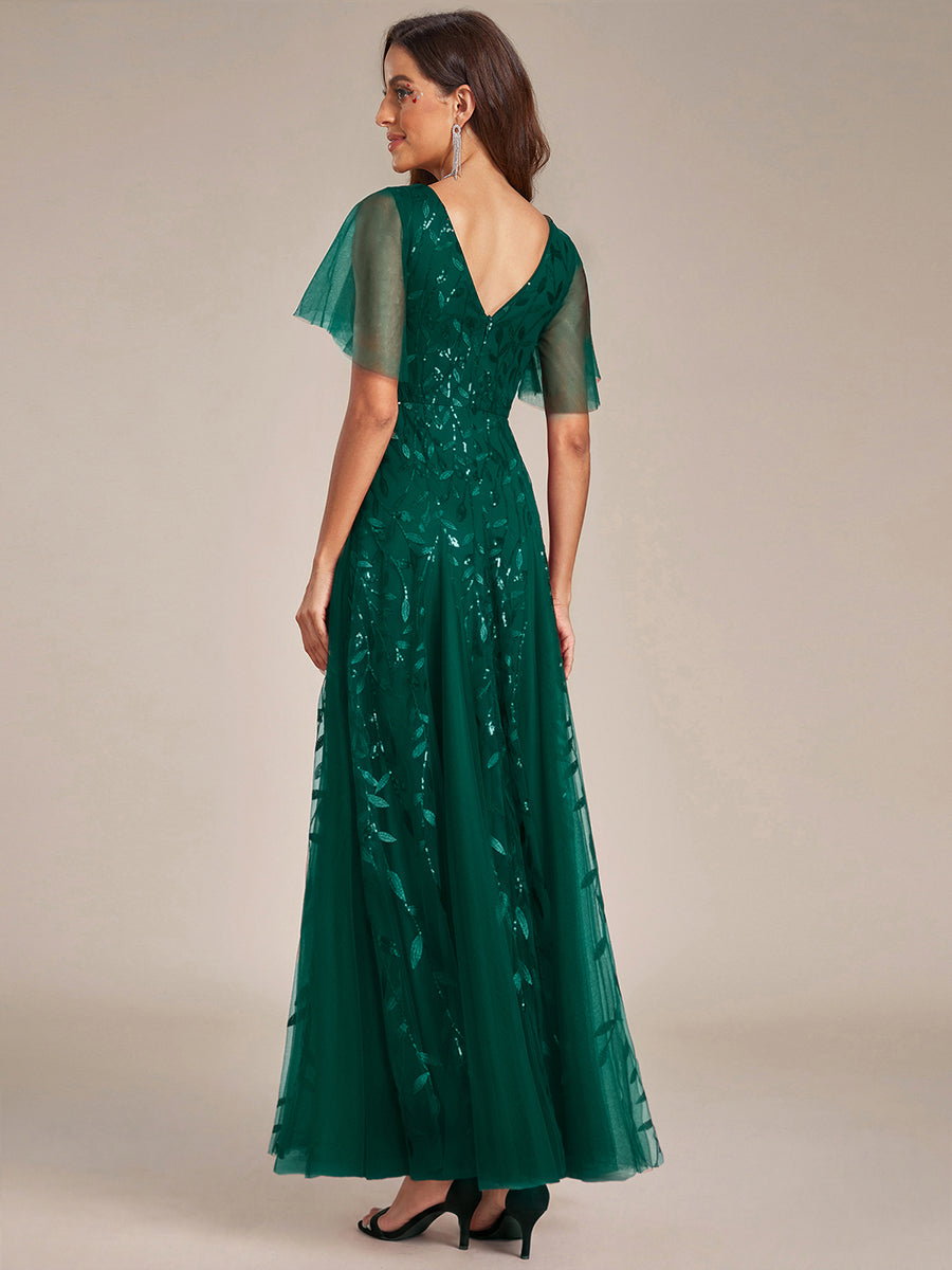 Shimmery V Neck Ruffle Sleeves Sequin Maxi Long Evening Dress #color_Dark Green
