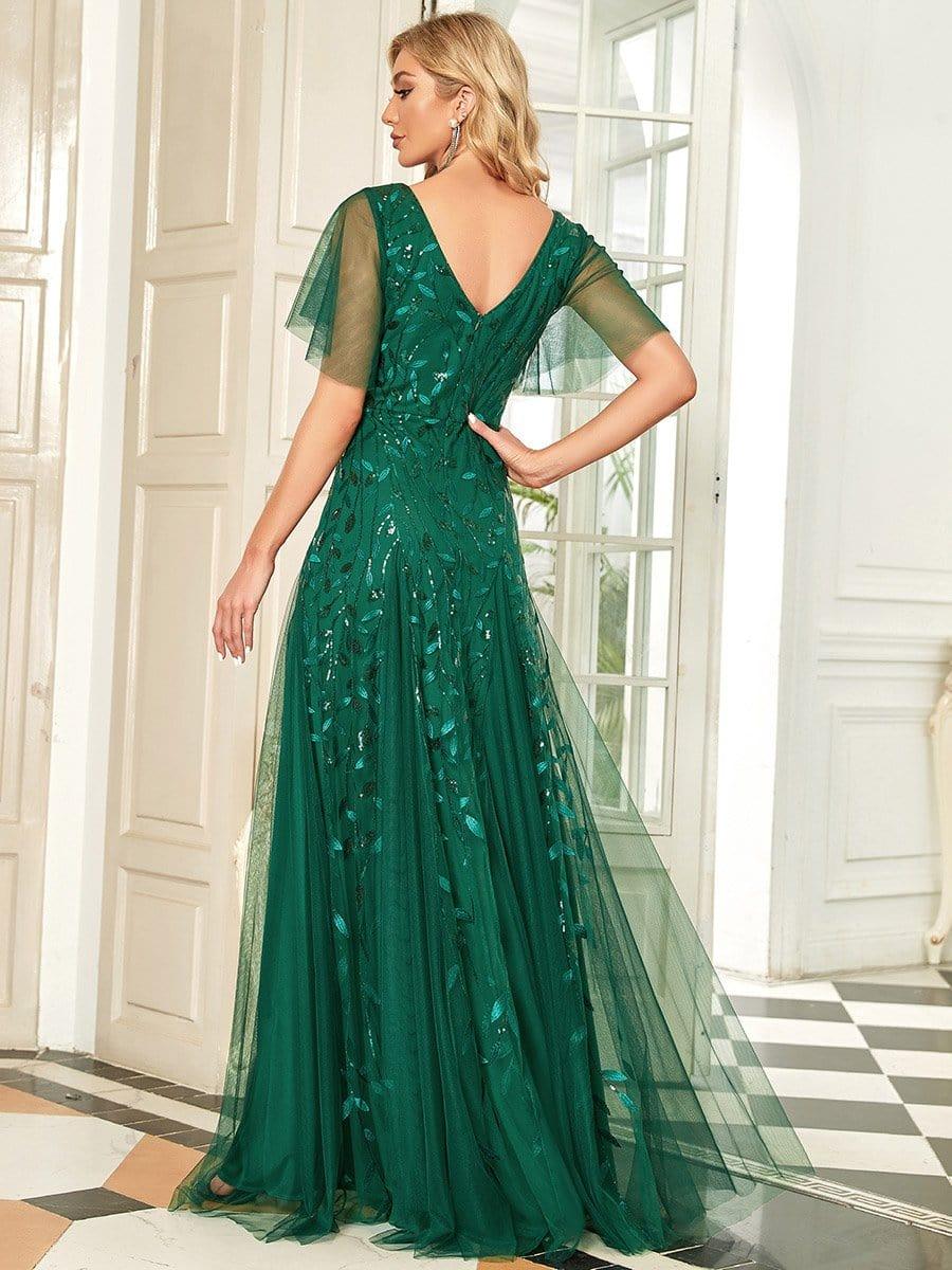 Elegant Ruffle Sleeves Maxi Sequin Mother of the Bride Dress #color_Dark Green
