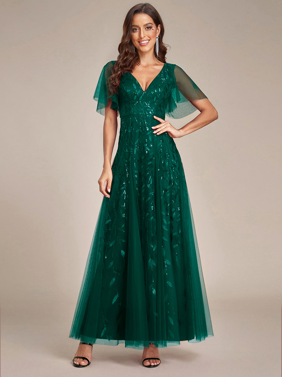 Shimmery V Neck Ruffle Sleeves Sequin Maxi Long Evening Dress #color_Dark Green