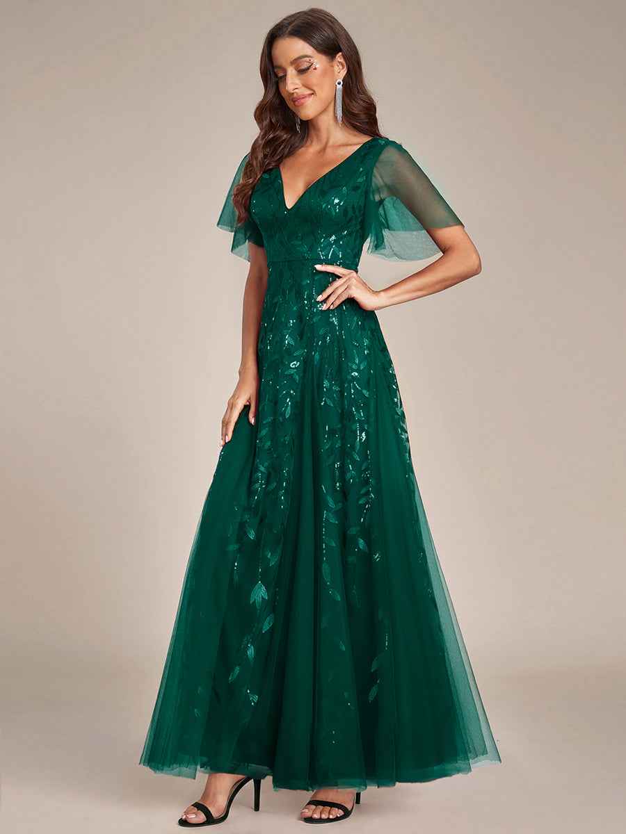 Shimmery V Neck Ruffle Sleeves Sequin Maxi Long Evening Dress #color_Dark Green