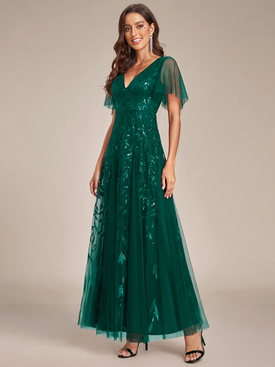 Shimmery V Neck Ruffle Sleeves Sequin Maxi Long Evening Dress #color_Dark Green