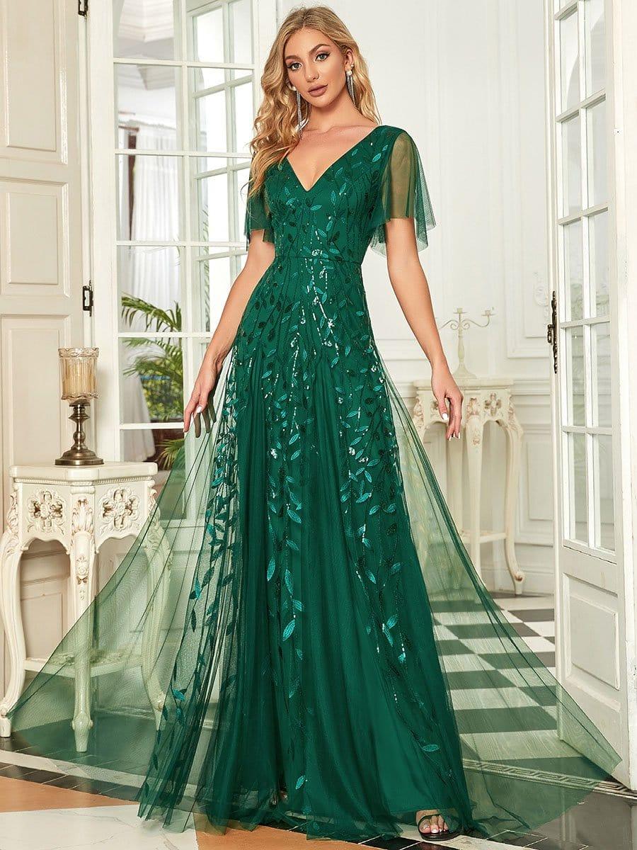 Elegant Ruffle Sleeves Maxi Sequin Mother of the Bride Dress #color_Dark Green