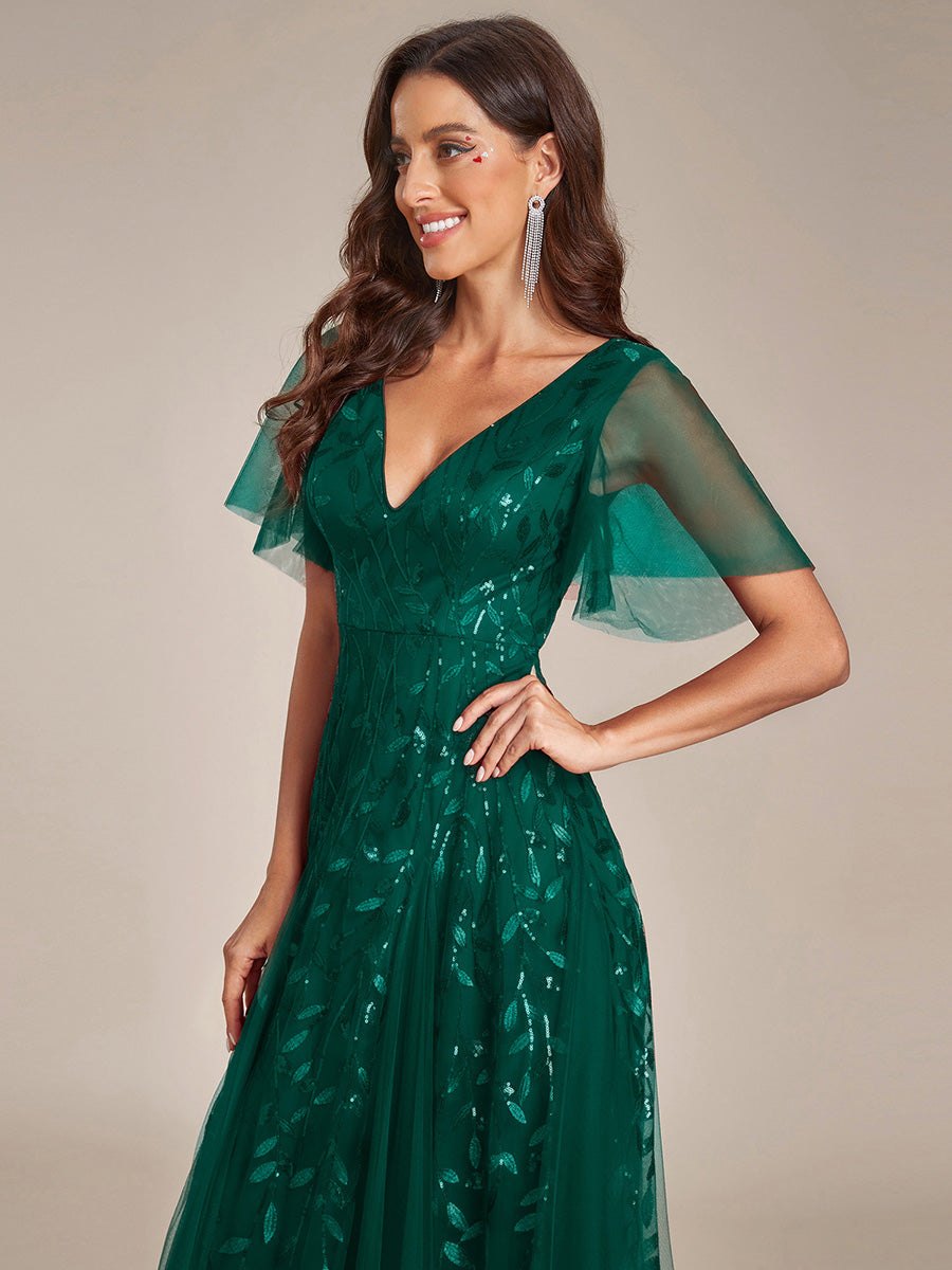 Elegant Ruffle Sleeves Maxi Sequin Mother of the Bride Dress #color_Dark Green