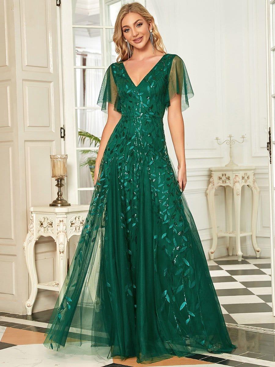 Elegant Ruffle Sleeves Maxi Sequin Mother of the Bride Dress #color_Dark Green