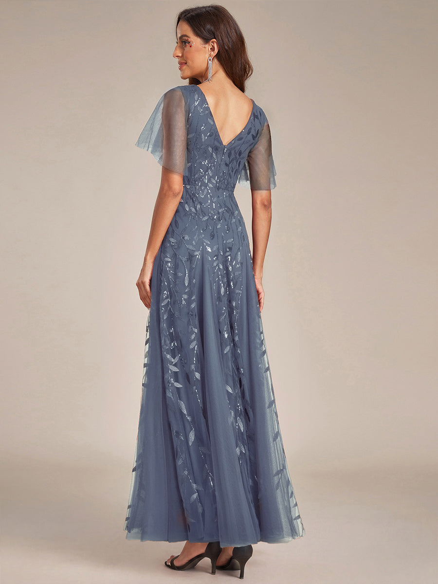 Elegant Ruffle Sleeves Maxi Sequin Mother of the Bride Dress #color_Dusty Blue