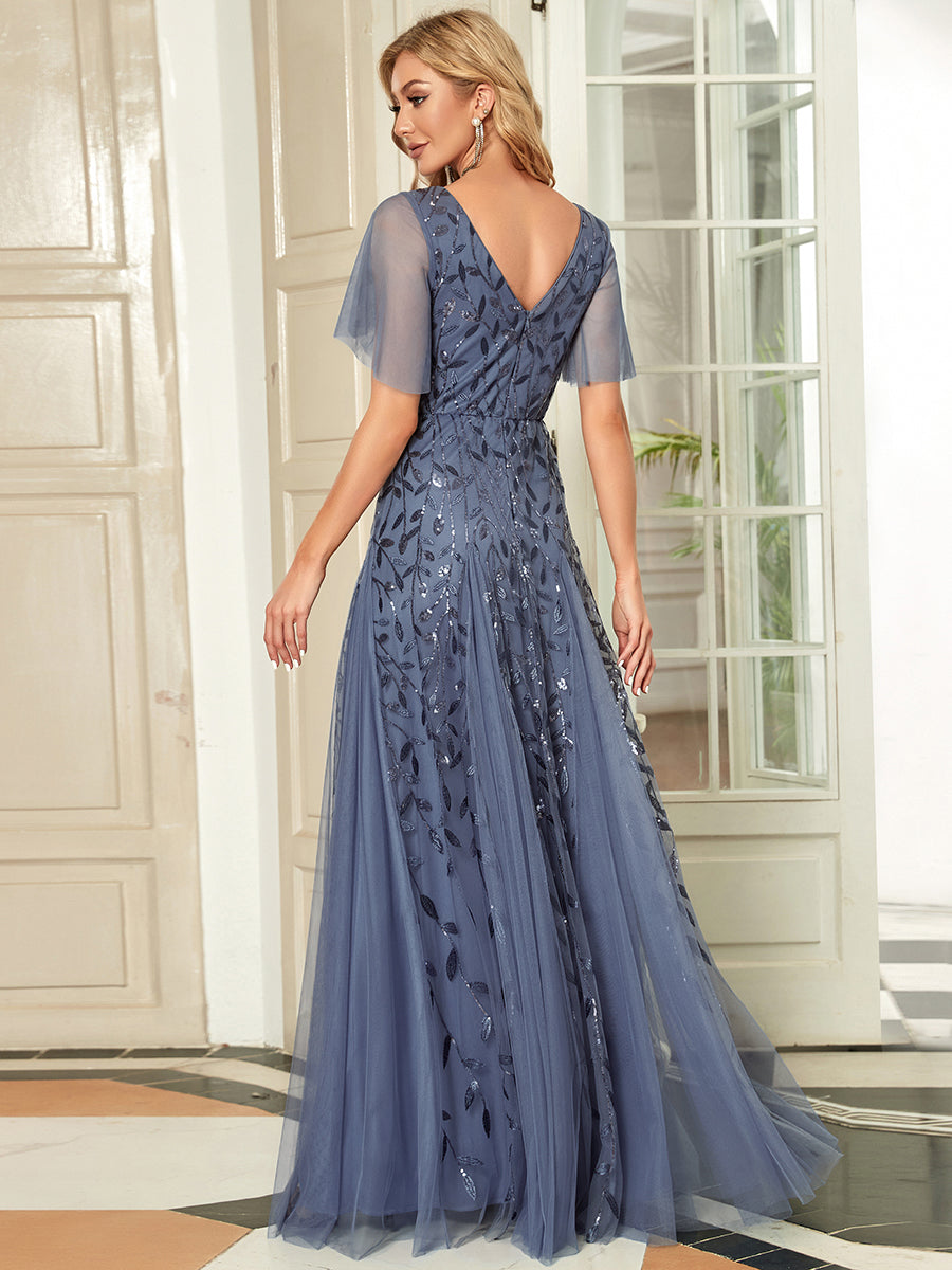 Shimmery V Neck Ruffle Sleeves Sequin Maxi Long Evening Dress #color_Dusty Blue