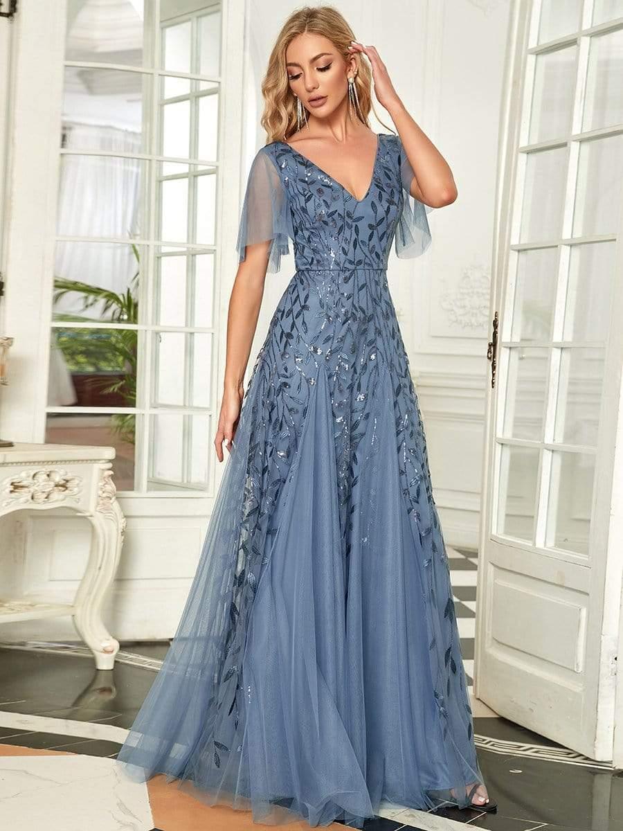 Elegant Ruffle Sleeves Maxi Sequin Mother of the Bride Dress #color_Dusty Blue
