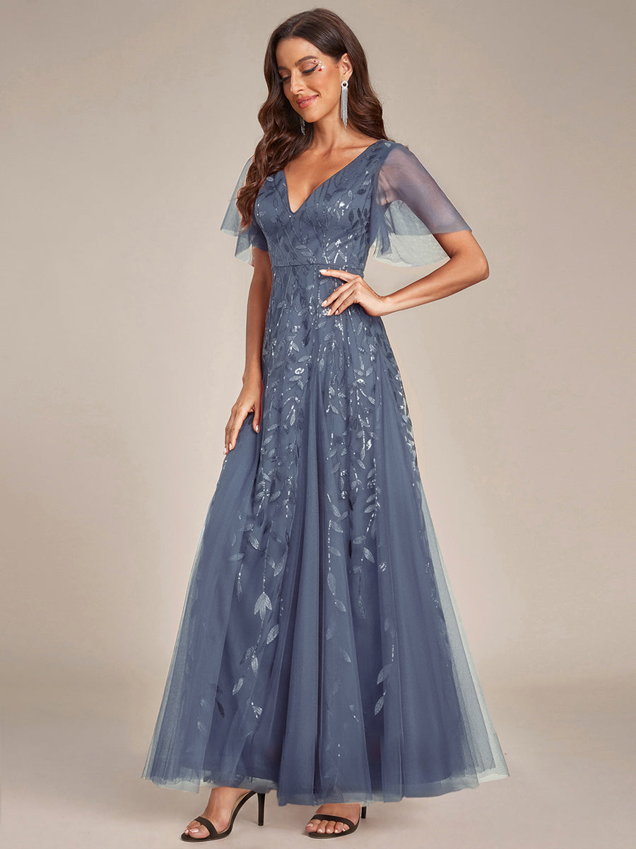 Shimmery V Neck Ruffle Sleeves Sequin Maxi Long Evening Dress #color_Dusty Blue