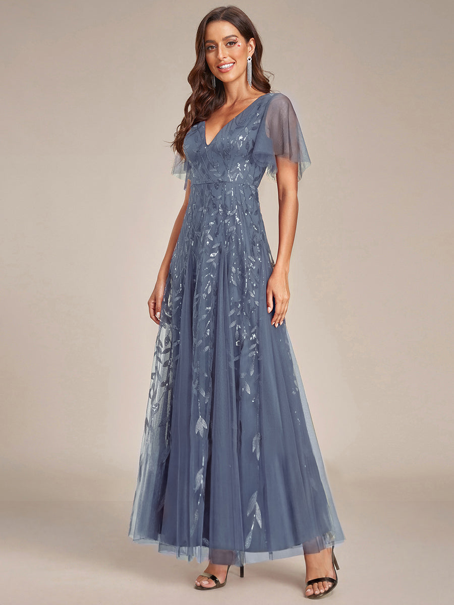 Elegant Ruffle Sleeves Maxi Sequin Mother of the Bride Dress #color_Dusty Blue