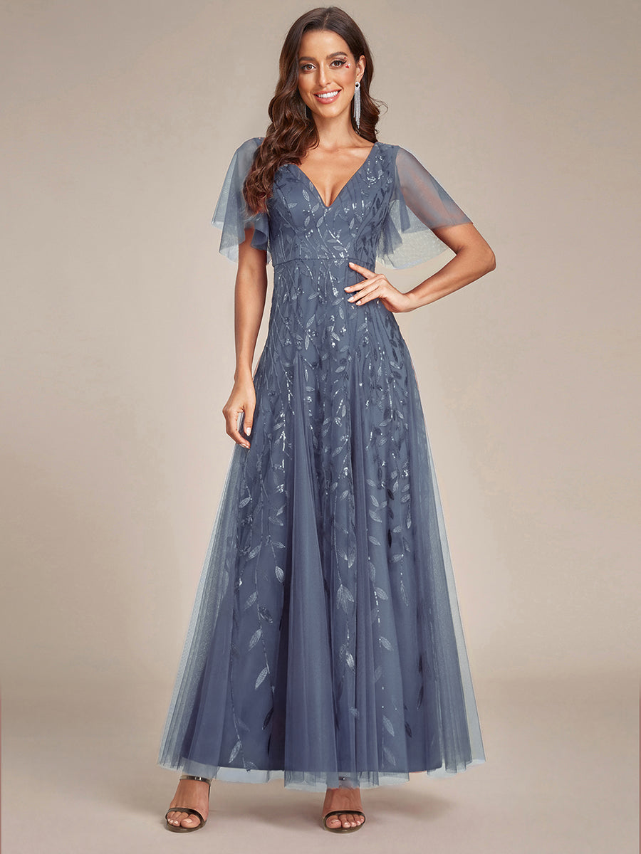 Shimmery V Neck Ruffle Sleeves Sequin Maxi Long Evening Dress #color_Dusty Blue