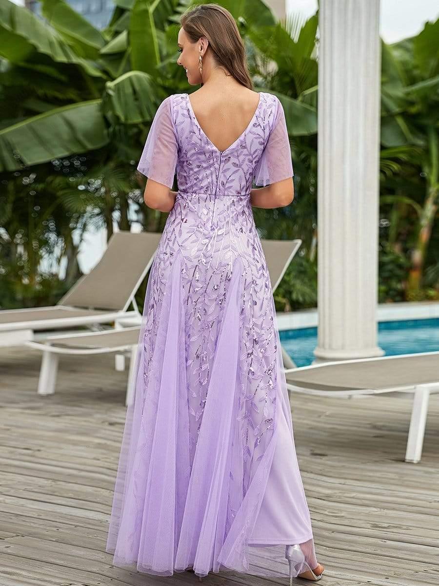 Elegant Ruffle Sleeves Maxi Sequin Mother of the Bride Dress #color_Lavender