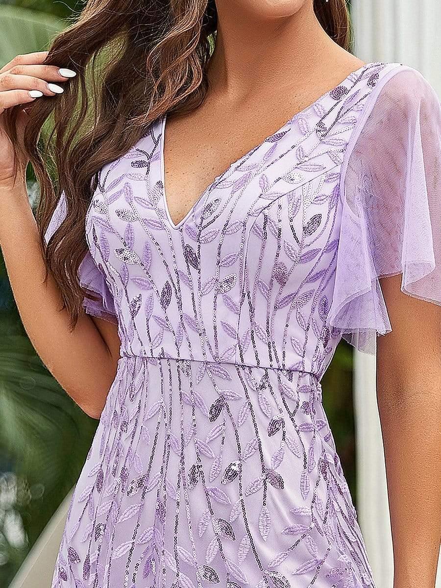 Shimmery V Neck Ruffle Sleeves Sequin Maxi Long Evening Dress #color_Lavender