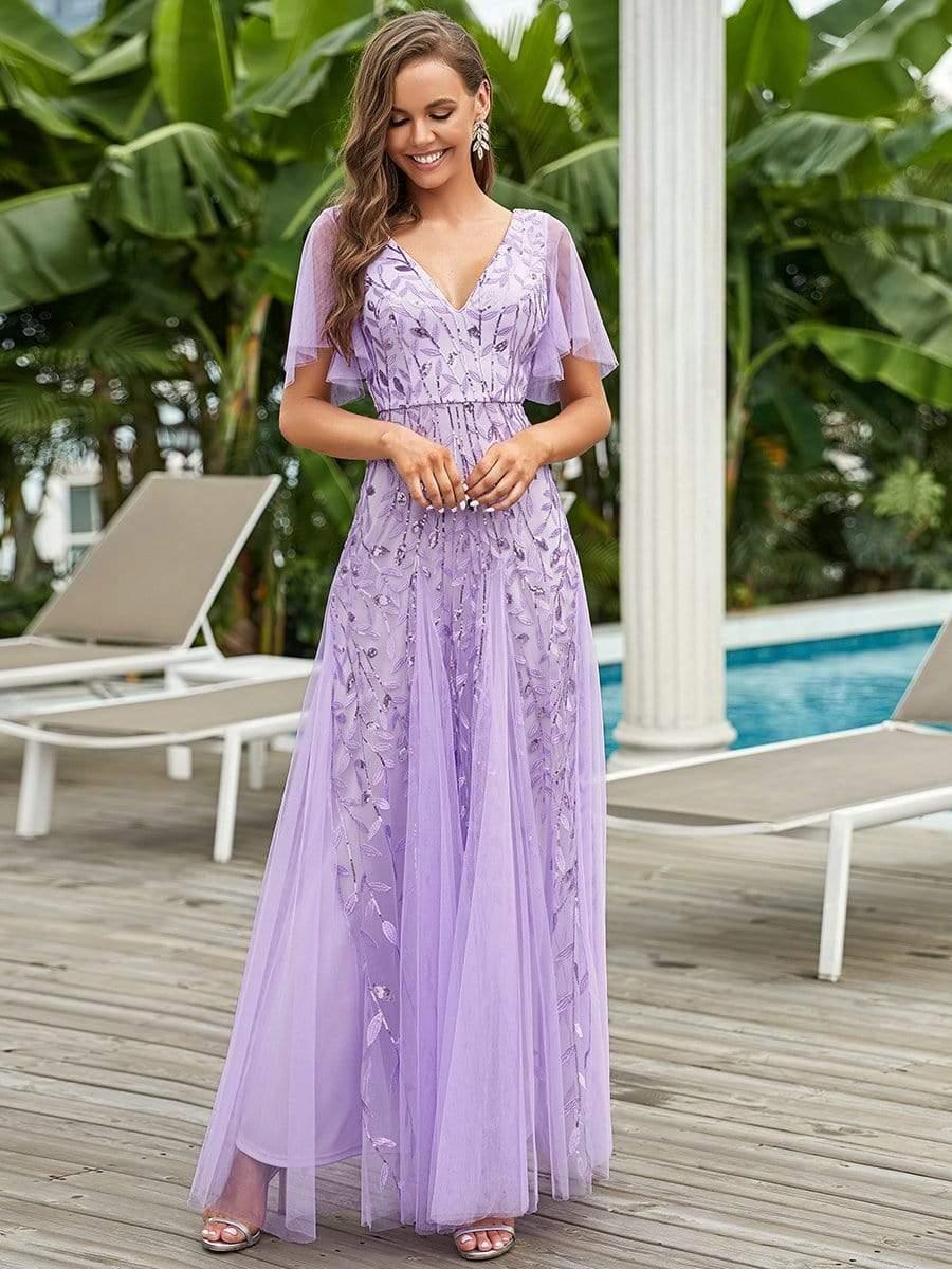 Elegant Ruffle Sleeves Maxi Sequin Mother of the Bride Dress #color_Lavender