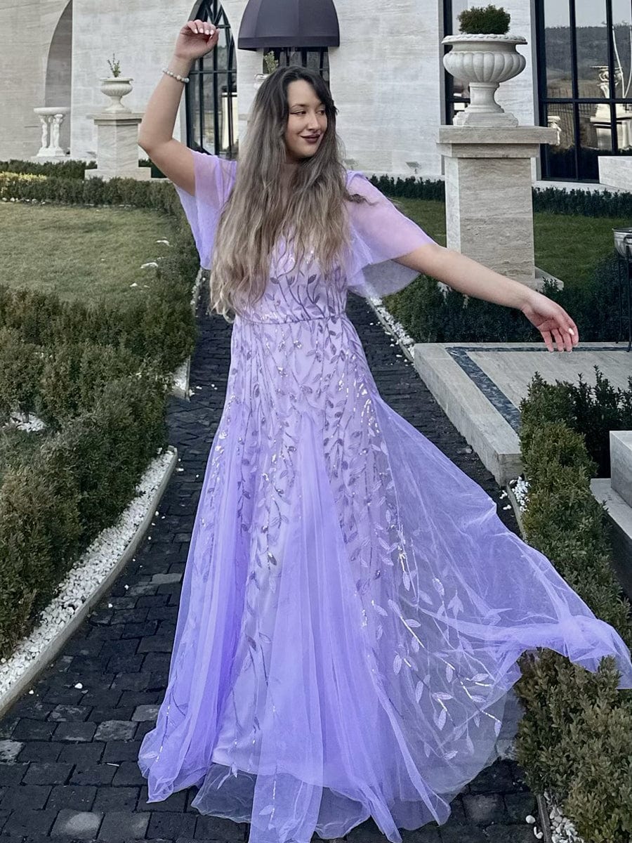 ever ASTRAL|Ruffle Sleeves Leaf Sequin Maxi Bridesmaid Dress Fan Photos 19